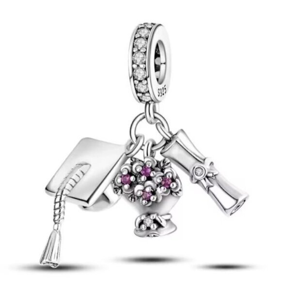 Sterling Silver Graduation Cap Diploma Flower Dangle Charm - Picture 1 of 2